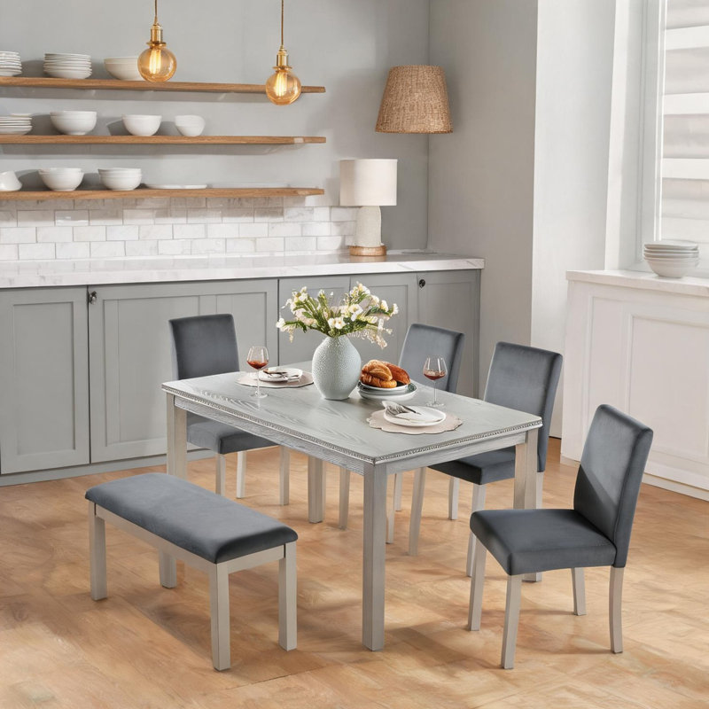 Ensemble de table de salle à manger pour la cuisine et la salle à manger, ensemble 6 pièces gris ardoise avec table rectangulaire, 4 chaises rembourrées et banc, 6 sièges