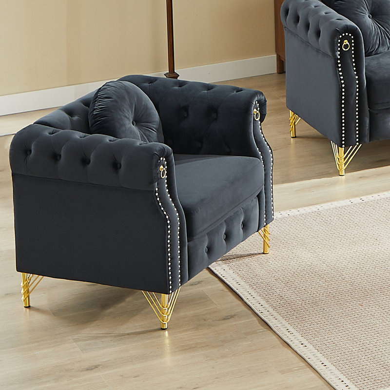 Canapé Chesterfield en velours avec coussins ronds, Noir