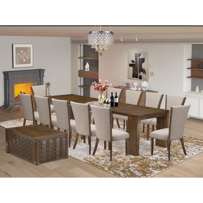 14 Pieces Dining Set Includes an Extendable Rectangle Table, 1 Coffee Table, and 12 Dining Chairs, Antique Walnut