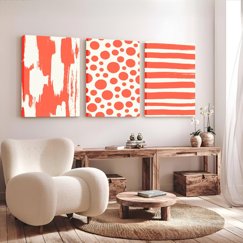 Ensemble de 3 tableaux abstraits à pois rouges et blancs, imprimés au pinceau, H 18 po x l 36 po