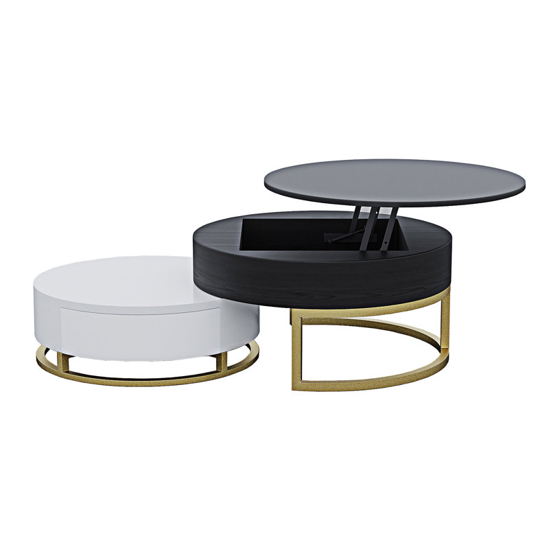 Table basse ronde à plateau relevable en bois, Noir / blanc