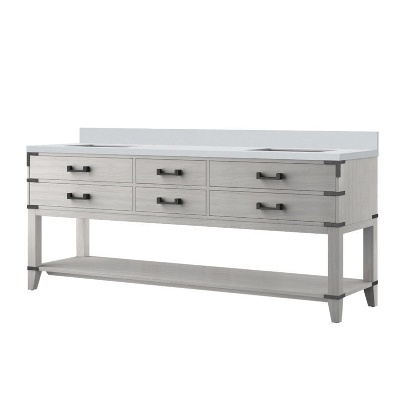 Meuble-lavabo double en chêne blanc 80 po X P 22 po D, avec plateau en quartz blanc, Chêne blanc, 80"