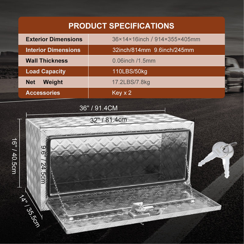 Boîte de rangement polyvalente de 36 po, 14 po et 16 po, fabriquée en aluminium, avec loquet à poignée en T, boîte à outils anti-égratignures pour camions et remorques, fabrication robuste, clés de verrouillage, imperméable avec joint étanche