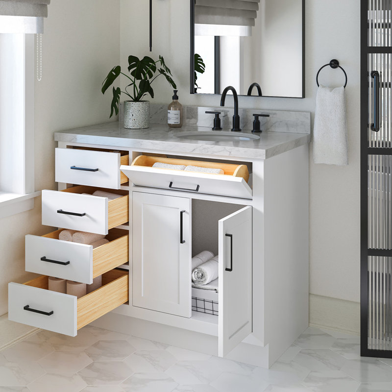 Meuble-lavabo simple en bois massif Tidworth de 42 po avec plateau en marbre de Carrare de 1,5 po, Oui, Ovale, Blanc