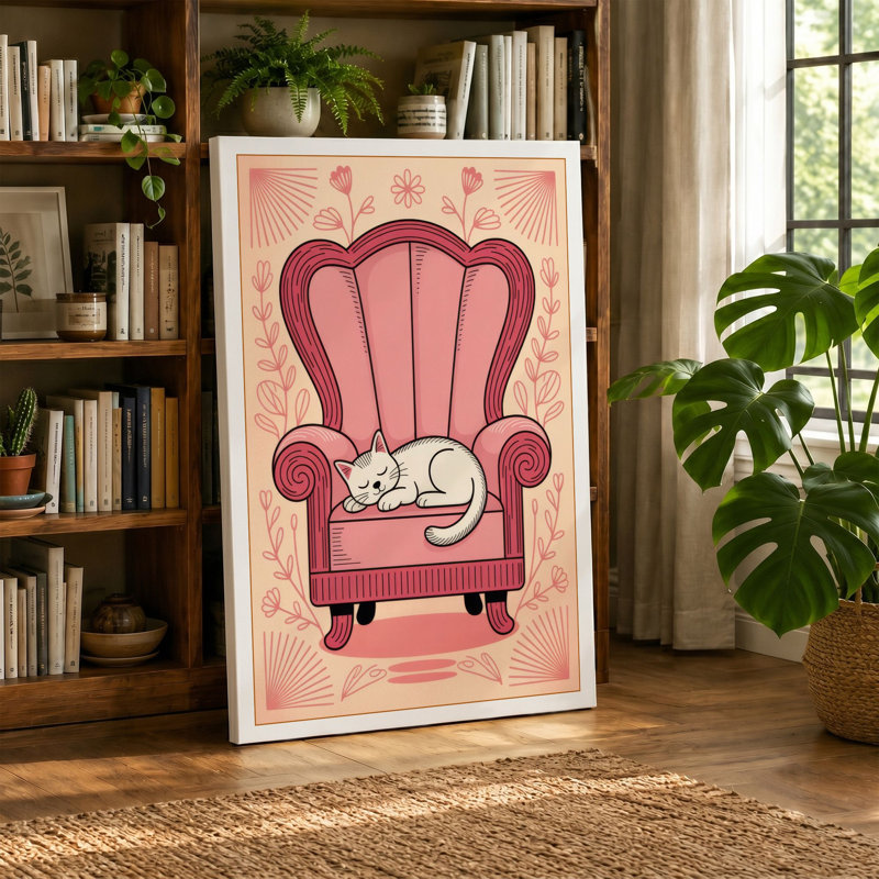Cat on Pink Chair Retro - Wrapped Canvas, 24x16 - 61.0 x 40.6 cm, Teal Border