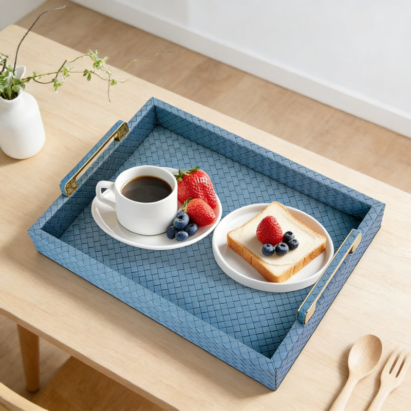 Large Rectangular Leather Serving Tray With Gold Metal Handles For Ottoman Coffee Table, Decorative And Multifunctional Home Decor Tray