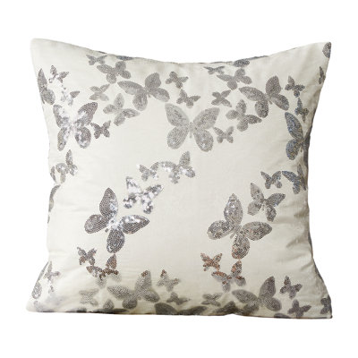 Violet Linen Butterfly Pattern, Polyester, Sequins Embroidered Lace, Silver , 18 Inch x 18 Inch, Square, Decorative Accent Throw Pillow