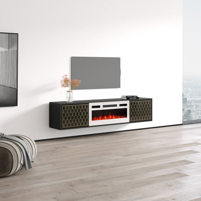 Goti 70.9" Modern TV Stand with Electric Fireplace, High Gloss Finish, Wall-Mounted, Black