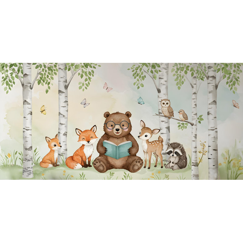 Ours lisant un livre, graphique mural, pelez et collez, papier peint forêt, chambre d'enfant, L 145 po x l 100 po