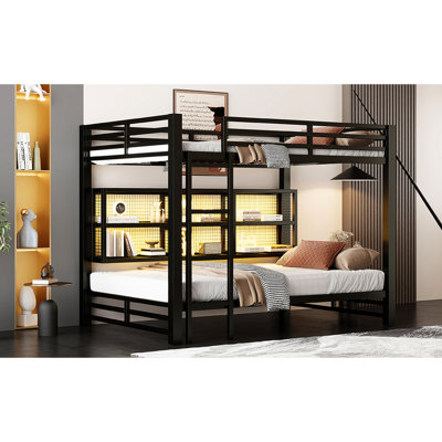 Metal Queen Over Bunk Bed, Black, Storage Cabinets, Led, Group Study In Bed Queen, Gaming