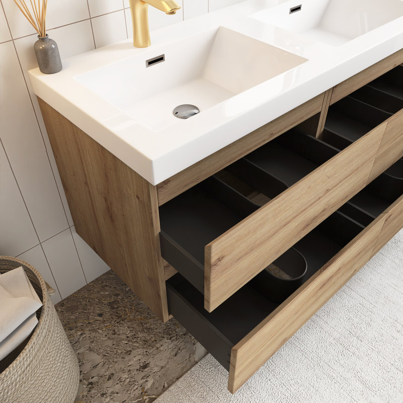 48 In. Double Sink Wall Mounted Bathroom Vanity With White Resin Top, Natural Oak