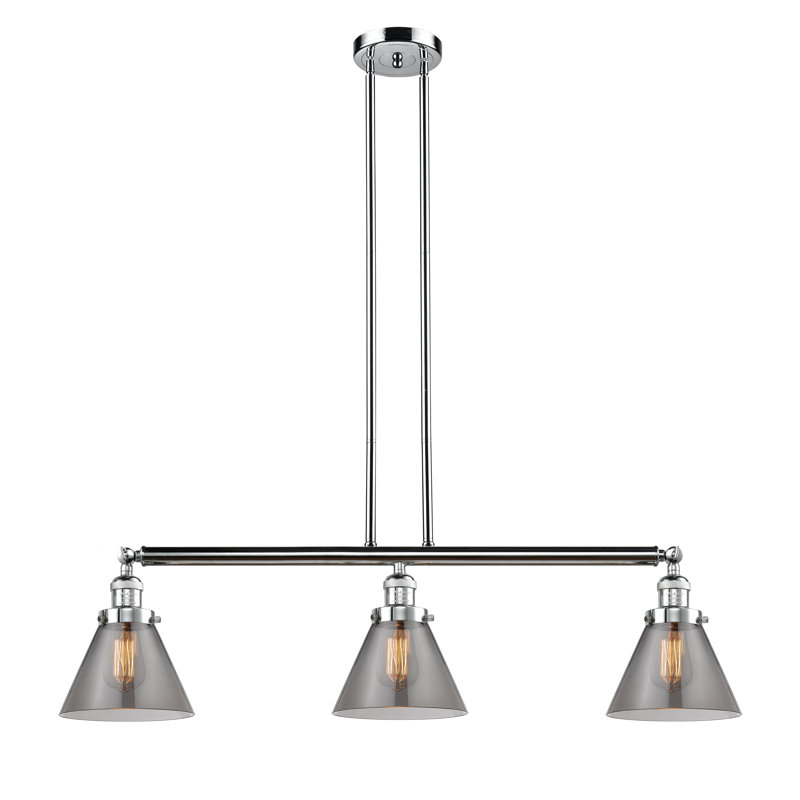 Luminaire suspendu pour îlot 3 lumières Cone, Chrome poli, Plaqué couleur fumée