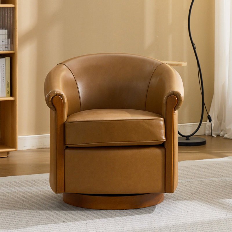 29.5'' W Genuine Leather Upholstered Swivel Barrel Chair, Coffee
