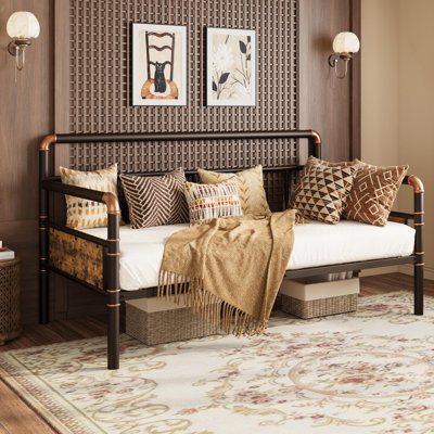 Heavy-Duty Metal Daybed Frame with Vintage Wood Headboard, Curved Armrests & Steel Slat Support, 660 LBS Capacity Sofa Bed with Under-Bed Storage, No Box Spring Needed, Bronze