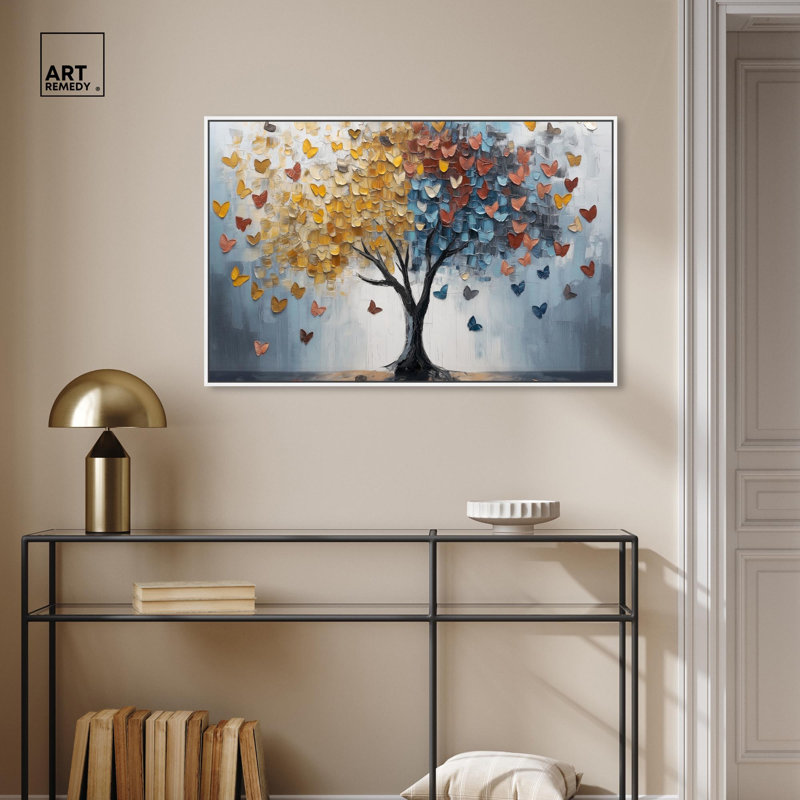 Butterfly Dream Tree I Canvas Colorful Tree Art by Art Remedy, 25" H x 37" W x 1.8" D, White Floater Framed