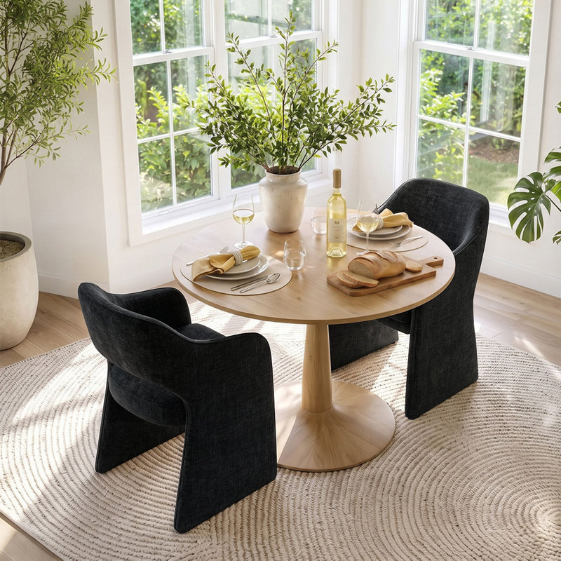 Ensemble de table et de chaises pour 2 personnes avec table ronde et 2 fauteuils en tissu rembourrés, Noir