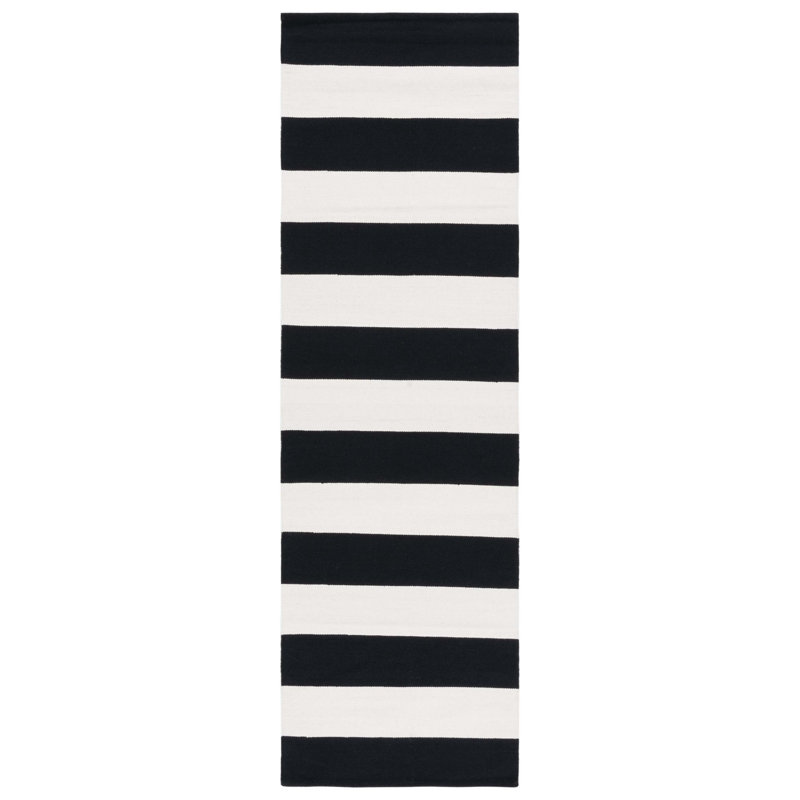 Tapis rayé noir / ivoire en coton tissé à la main Brookvale, Tapis de couloir 2 pi 3 po x 7 pi