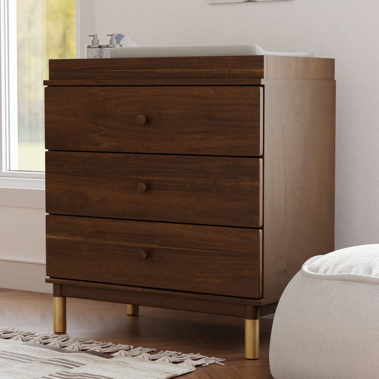 Gelato 33.5" W 3-Drawer Changer Dresser, Natural Walnut/Gold