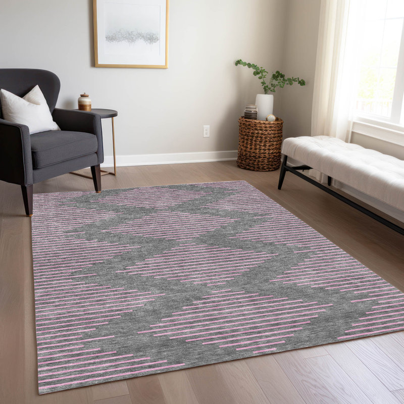 Gray and Pink Geometric Washable Synthetic Rug