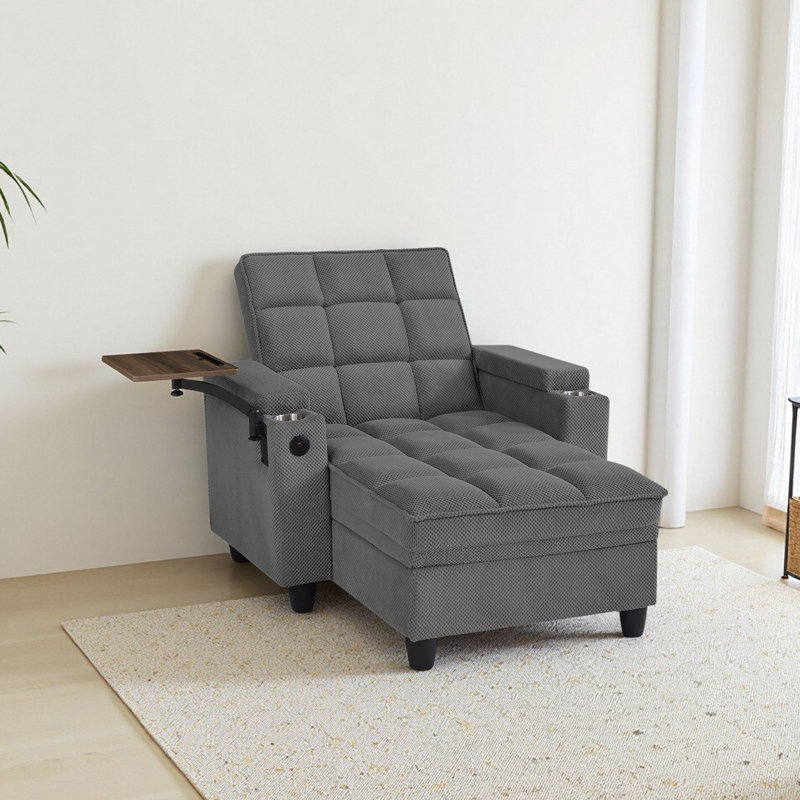 Méridienne convertible surdimensionnée rembourrée avec accoudoirs de rangement, port USB, table d'appoint et 1 coussin pour le salon