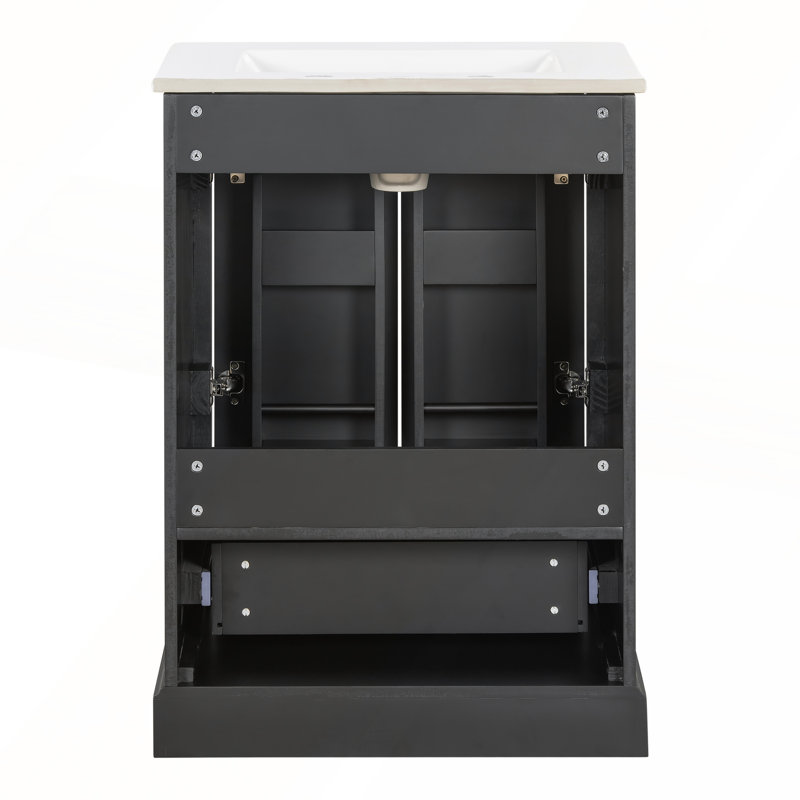 Meuble-lavabo moderne de 24 po avec lavabo en céramique, tiroir divisé et portes à fermeture en douceur pour un rangement efficace
