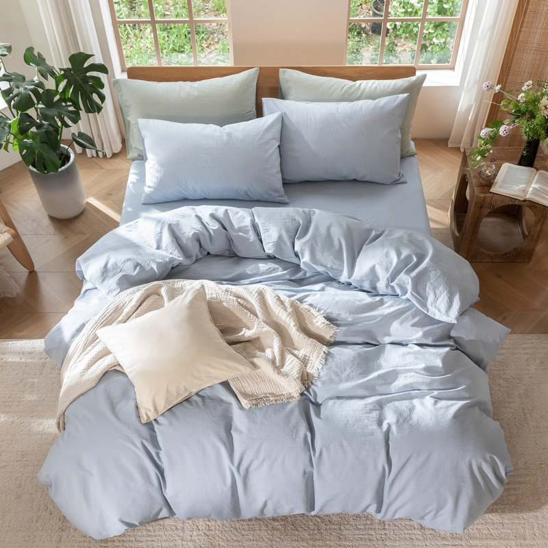 Ensemble de housse de couette 100% coton délavé MooMee, Housse de couette pour très grand lit et 2 taies , Bleu bleuet