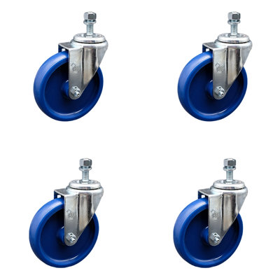5 Inch SS Solid Polyurethane Wheel Swivel 12mm Threaded Stem Caster Set SCC