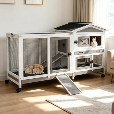 Rabbit Hutch Bunny Cage Outdoor & Indoor with Wheels, Two Layer Guinea Pig House with Pull Out Tray, Chew-Proof Ramp, Waterproof Roof