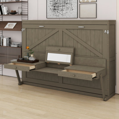 Lit escamotable tout-en-un avec rangement, coiffeuse, miroir et 2 tiroirs latéraux