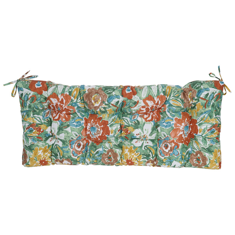 Tufted Outdoor Bench Cushion, 51" W x 19" D, White/Sun River Mist Floral