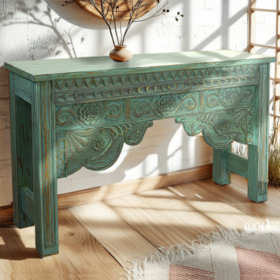 Hand Carved Turquoise Solid Wood Console Table