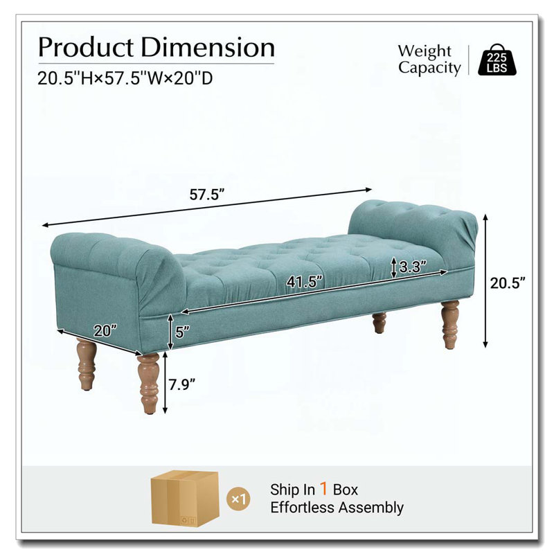 Button-Tufted End of Bed Bench,Large Upholstered Ottoman,Foot Rest with Legs,Footstool with Rolled Arms,Upholstered Fabric Bench,Indoor Bench for Bedroom,Living Room,Entryway