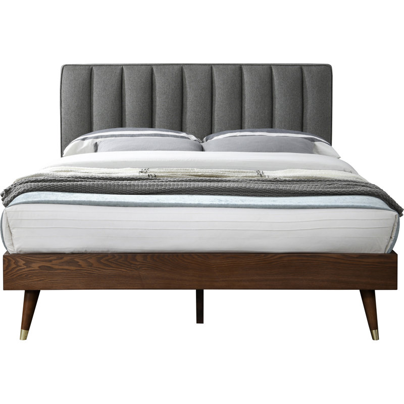 Lit plateforme tapissier Scholz, Grand lit, Tissu gris texturé en lin