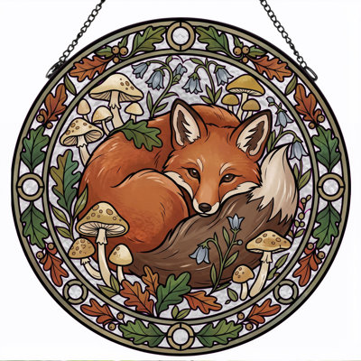 Fox Mushroom Stained Glass Window Panel，7.8H