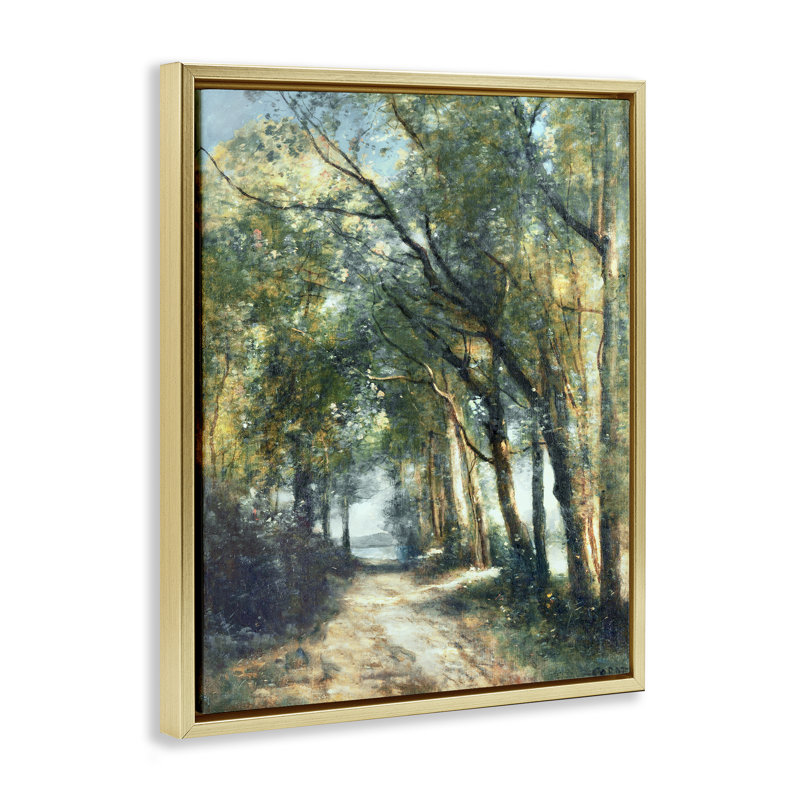 Forest Path Under Tree Canopy, 31" H x 25" W, Metallic Gold Floater Frame