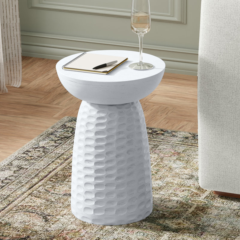 Table d'appoint contemporaine en bois de manguier massif avec finition texturée, entièrement assemblée, Blanc