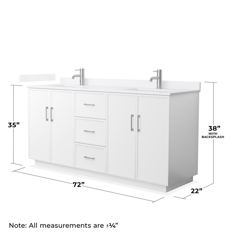 Meuble-lavabo double autoportant 72 po avec plateau en quartz Elan TK, Quartz blanc, Blanc, Nickel brossé