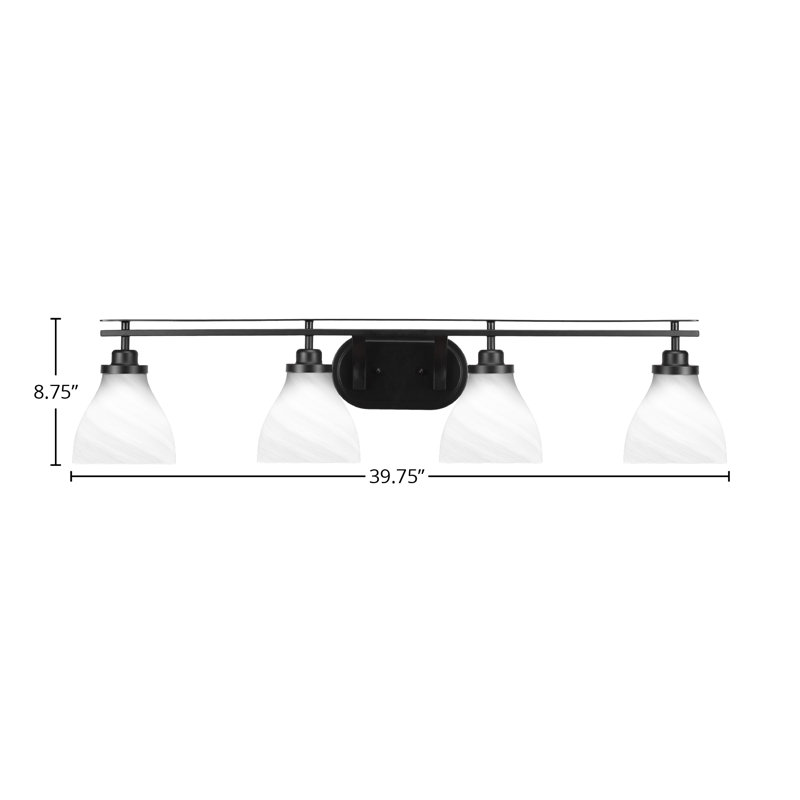 Barre d'éclairage de salle de bain 4 lumières Brinly avec verre en marbre blanc de 6,25 po, Noir mat