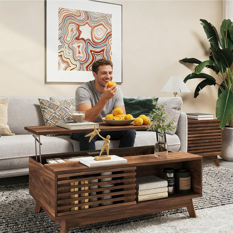 Table basse à plateau relevable Mid-Century moderne avec rangement pour le salon, noyer 35,4 po
