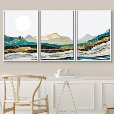 IDÉE4WALL, reproduction d'art sur toile encadrée, sarcelle, marbre, granit, montagnes, nature sauvage, illustrations, art moderne, décorative, nordique, calme / zen pour le salon, la chambre à coucher, le bureau - 3 pièces sur