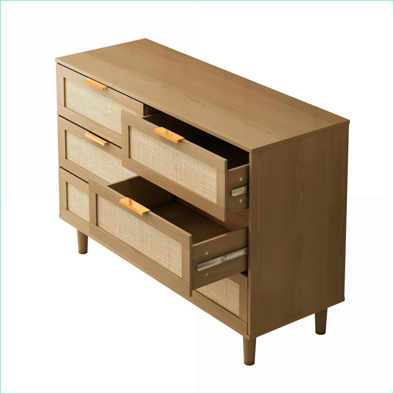 Commode en rotin 6 tiroirs, panneau de particules brun noyer | Moderne | Chambre à coucher