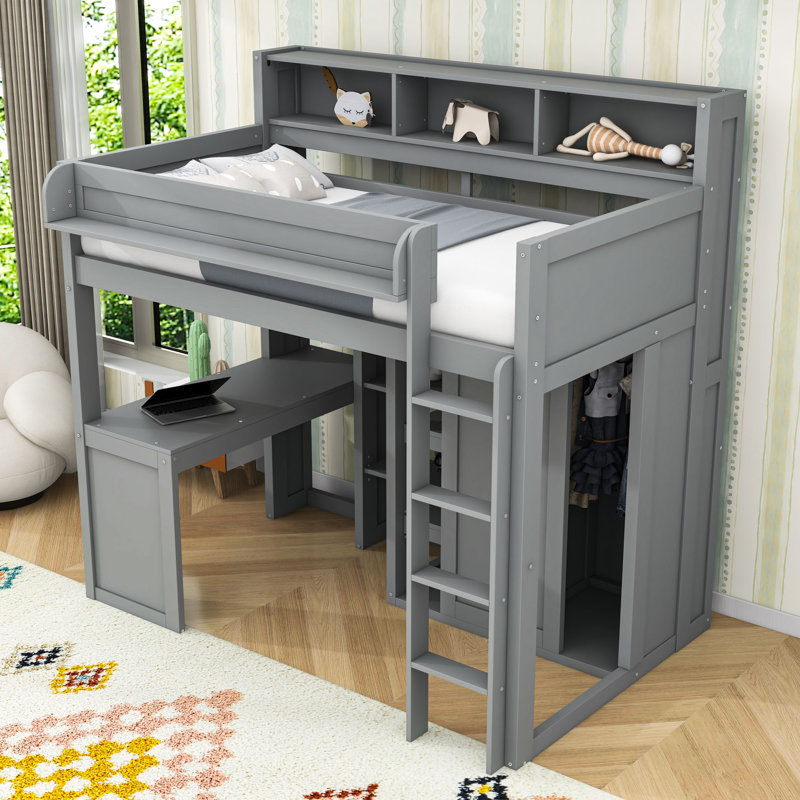 Twin Wooden Loft Bed With Desk, Wardrobe, Shelves And Ladder, Gray