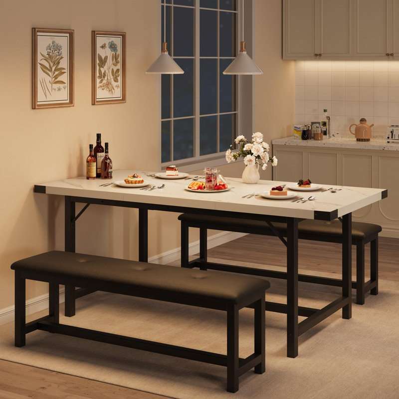 Dining Table Set for 4-6, 63" Extendable Wood Dining Room Table with Corner Protector & 2 Upholstered Benches, Kitchen Table Set for Apartment, Small Space, Easy Assembly