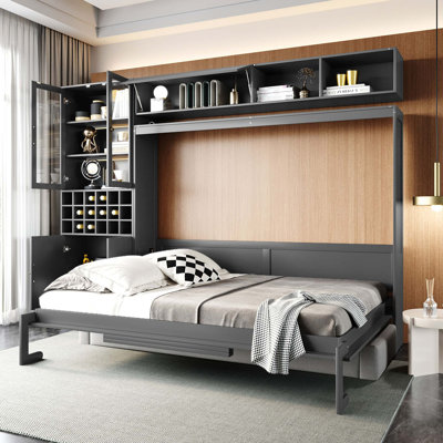 Queen Size Murphy Wall Bed with Sofa, Shelves, USB Port & Reading Light,Gray