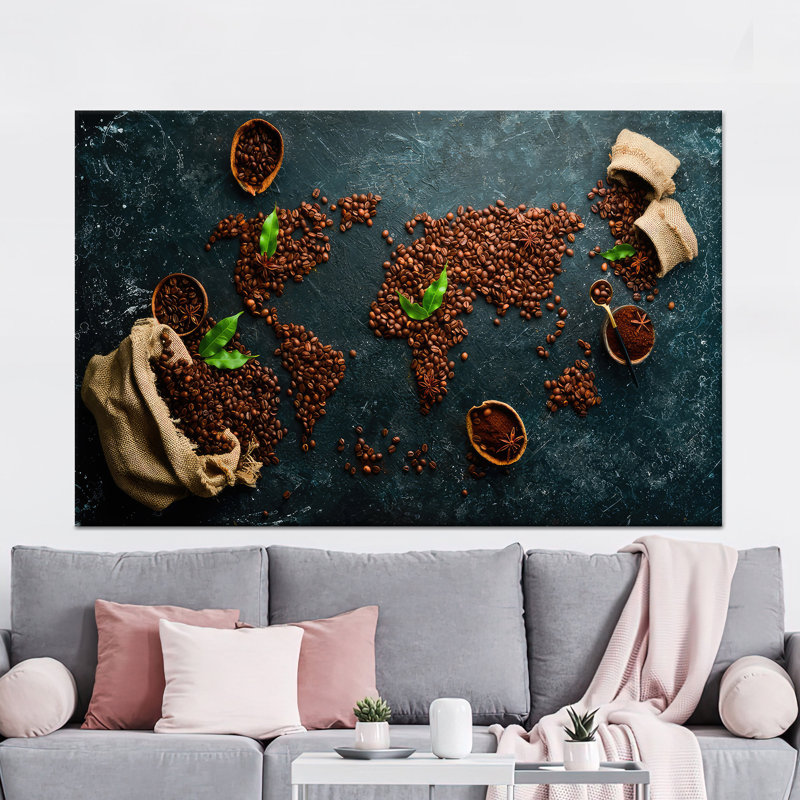 Art moderne, impression sur toile carte du monde en grain de café, toile tendue 1P, H: 59,1 x l: 110,2 pouces