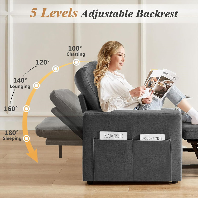 Ebern Designs 3-In-1  42.5" W Convertible Sleeper Chair With Pull Out Bed And Side Pockets., Gray