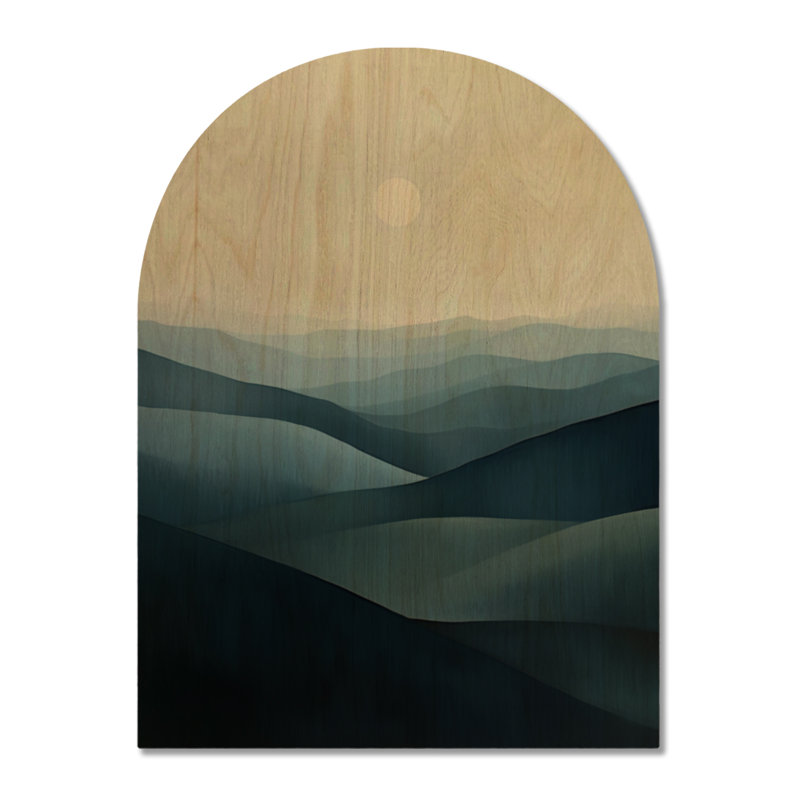 Crêtes du soleil pâle I - Tableau mural en bois arqué représentant un paysage abstrait bleu, 32" H x 24" W, Arche
