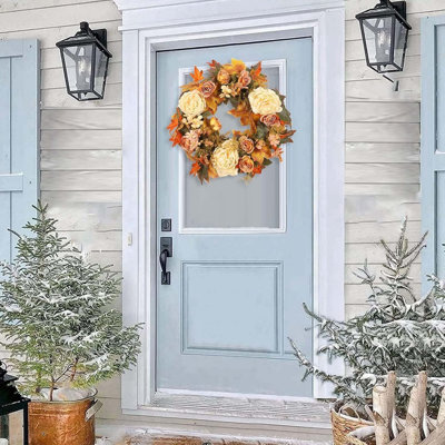 Wreath Fall Thanksgiving Door Decor, Artificial Peony & Maple Leaf Wall Hanging with Autumn Colors, Faux Flower Farmhouse Garland for Front Porch, Entryway & Mantel