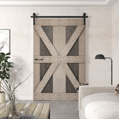 80''H Embossing Knotty Pine Wood Bi- Fold Barn Door With Hardware Kit