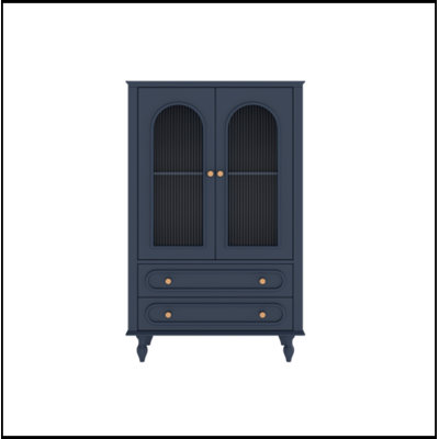 Display Cabinet with Ribbed Glass Doors, 2 Drawers and Adjustable Shelf